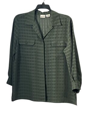 Liz Baker Olive Green Plaid Button-Front Shirt Jacket, Size 14